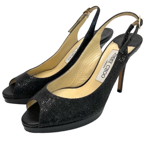 JIMMY CHOO Nova Black Shimmer Peep Toe Slingback Heels Pumps Size 36